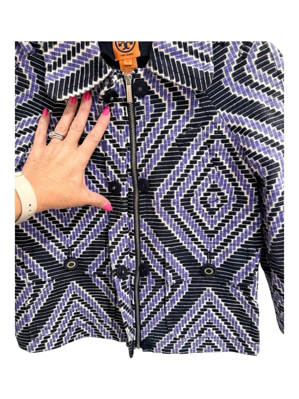 Tory Burch Black and Purple Woven Diamond Melchor Jacket